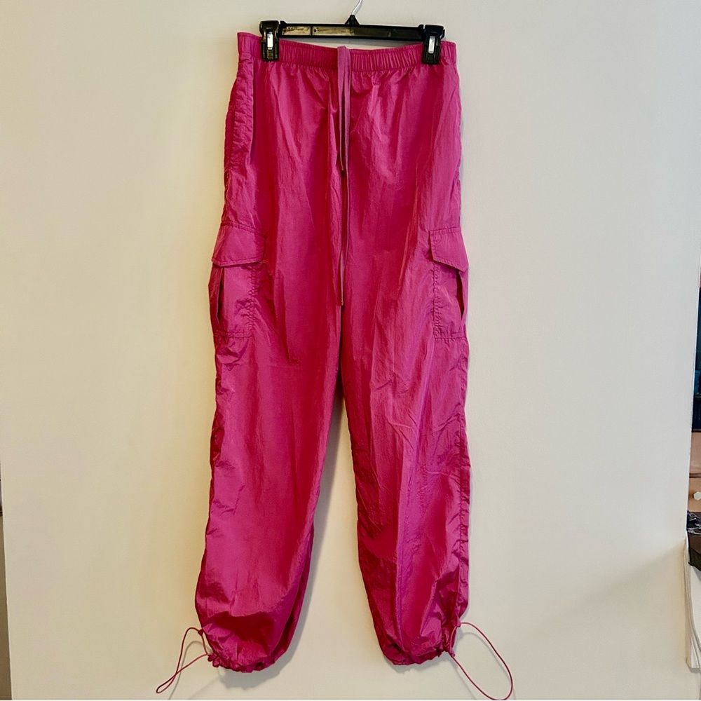 Onzie Pants Pink Elastic Waist Cargo Pull On 90s Bright Sporty Parachute S/M